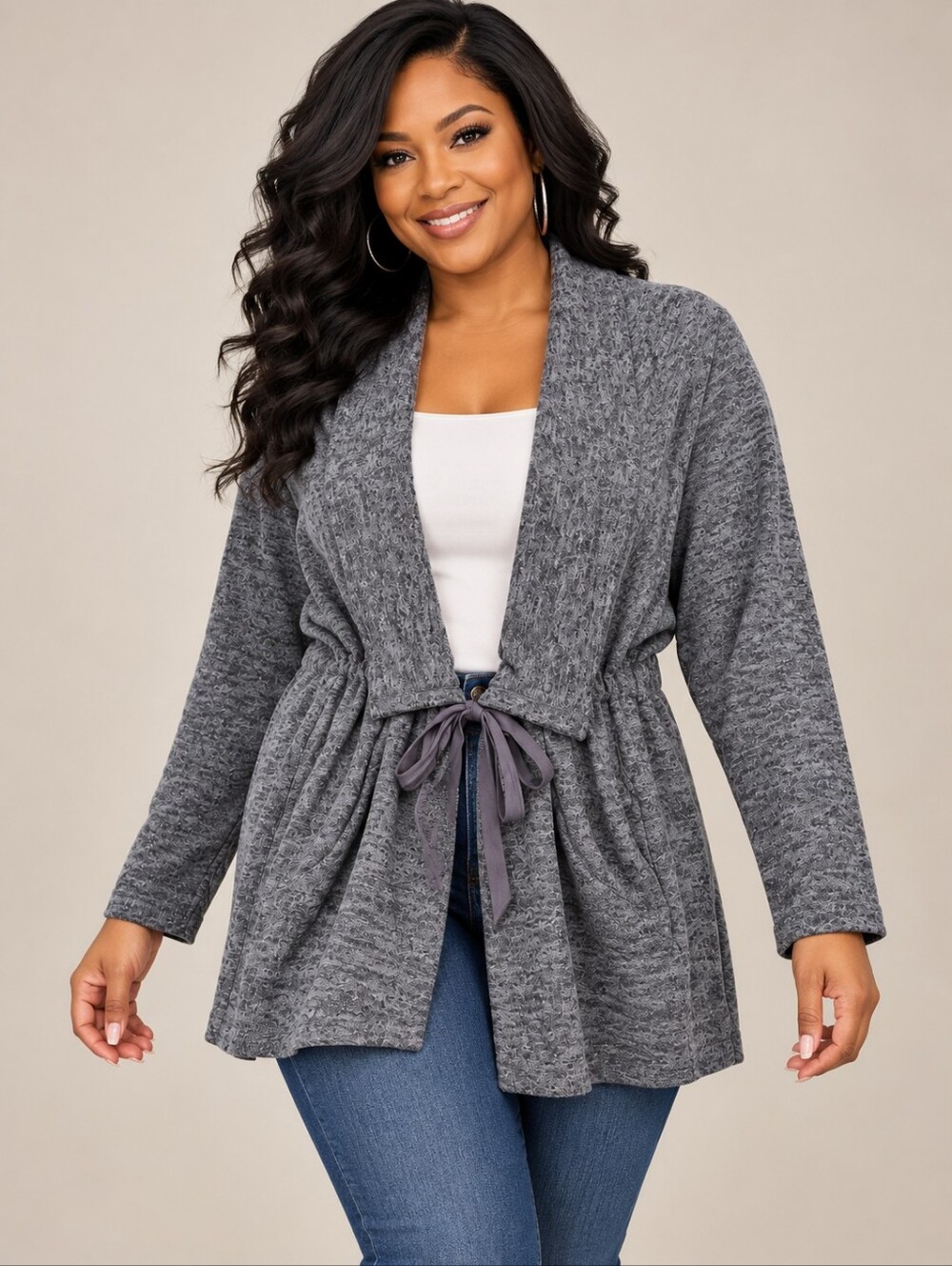 Jorge Perez Gray Open Front Drawstring Waist Cardigan - NWT